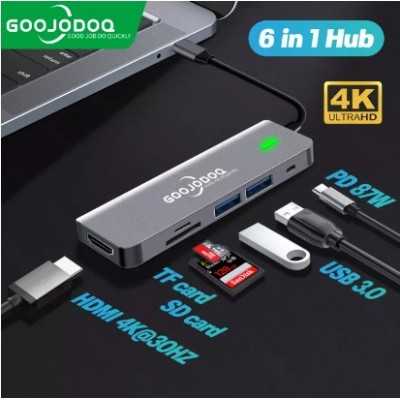 GOOJODOQ Bộ chuyển đổi USB Type C 6 Trong 1 Hub 6 Cổng PD 87W Sạc 2 Cổng USB 3.0 4K HD Thẻ TF Thẻ Nhớ SD, đầu cuối HDMI